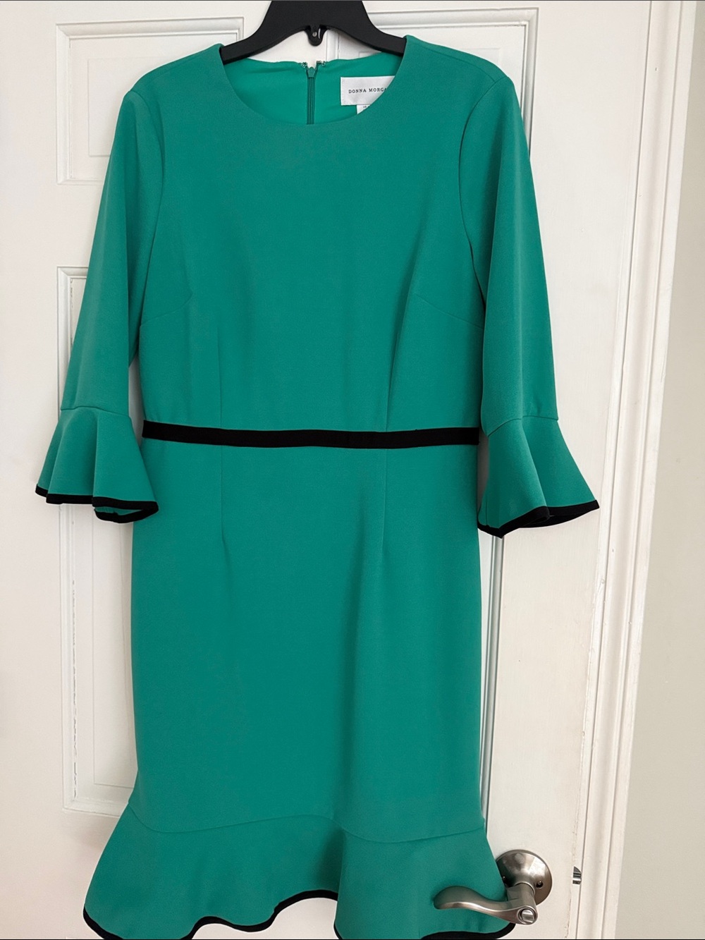Donna Morgan Teal Sheath Dress with Ruffle Sleeves and Black Trim